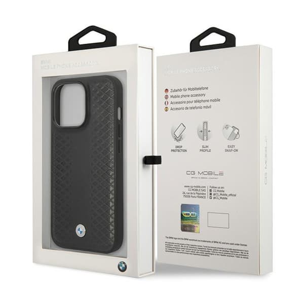 BMW læder diamantmønster - iPhone 14 Pro etui (sort)