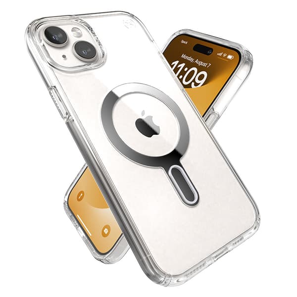 Speck Presidio Perfect-Clear ClickLock & Magsafe - iPhone 15 Plus / iPhone 14 Plus etui (Klar / Chrome Finish / Serene Silver)