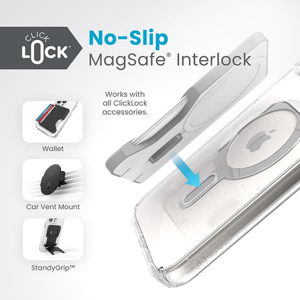 Speck Presidio Perfect-Clear ClickLock & Magsafe - iPhone 15 Plus / iPhone 14 Plus etui (Klar / Chrome Finish / Serene Silver)
