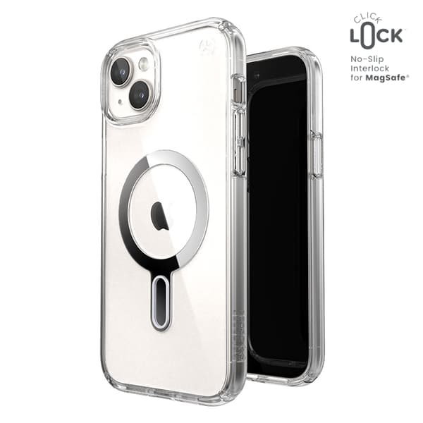 Speck Presidio Perfect-Clear ClickLock & Magsafe - iPhone 15 Plus / iPhone 14 Plus etui (Klar / Chrome Finish / Serene Silver)