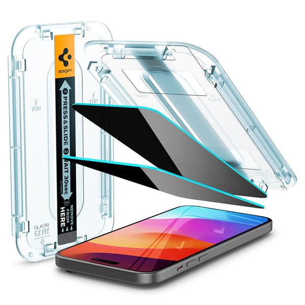 Spigen GLAS.TR EZ FIT Privacy 2-Pack - Hærdet glas med privatlivsfilter til iPhone 15 2 stk.