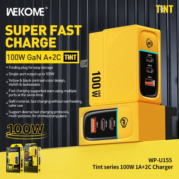 WEKOME WP-U155 Tint Series - 2x USB-C & USB-A superhurtig oplader GaN 100W (gul)