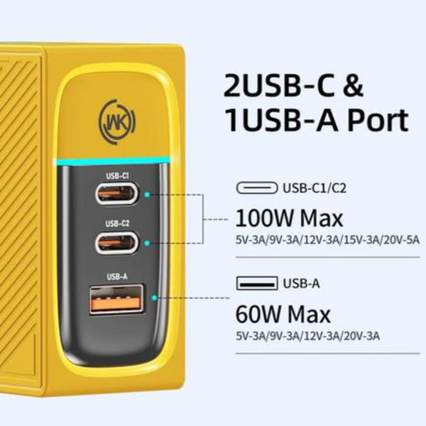 WEKOME WP-U155 Tint Series - 2x USB-C & USB-A superhurtig oplader GaN 100W (gul)