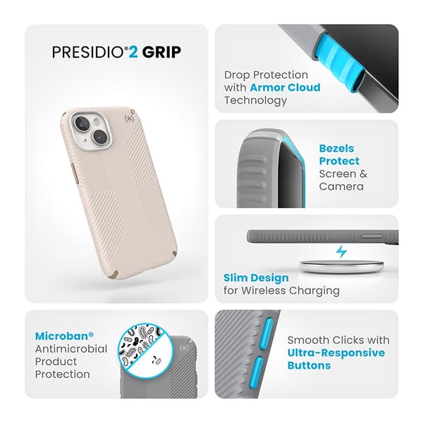 Speck Presidio2 Grip - iPhone 15 / iPhone 14 / iPhone 13 etui (bleget knogle / arvestykke guld / hasselbrun)