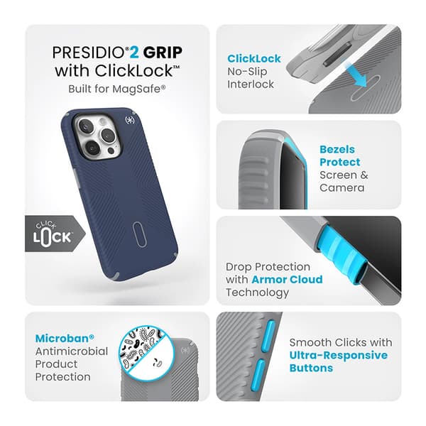 Speck Presidio2 Grip ClickLock & MagSafe - iPhone 15 Pro-cover (kystblå/støvgrå)