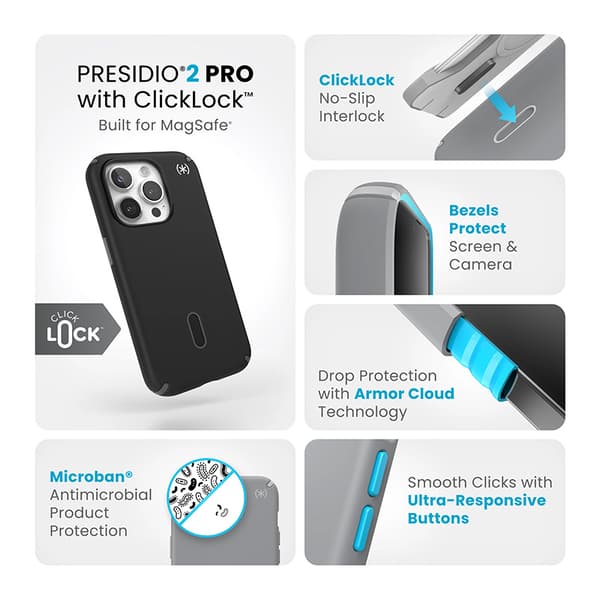 Speck Presidio2 Pro ClickLock & MagSafe - iPhone 15 Pro -kuori (musta / liuskeharmaa / valkoinen)