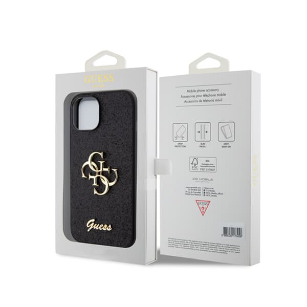 Guess Glitter Script Big 4G - iPhone 15-fodral (svart)