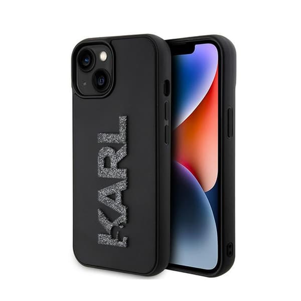 Karl Lagerfeld 3D Rubber Glitter -logo - iPhone 15 -kotelo (musta)