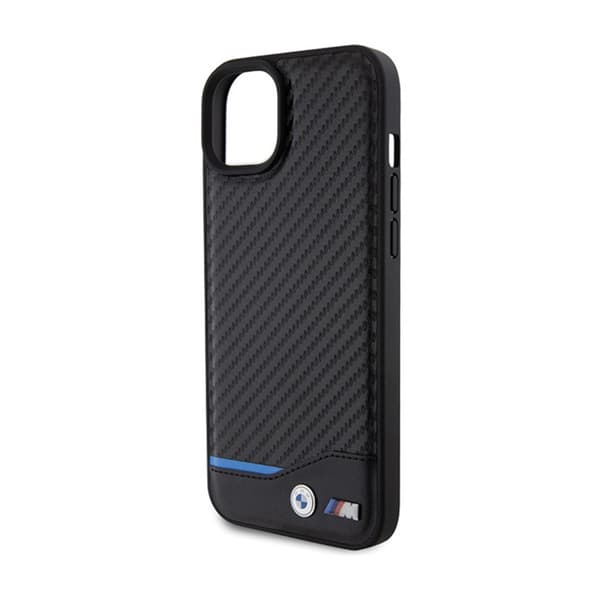 BMW Læder Carbon Blue Line - iPhone 15 Plus etui (sort)