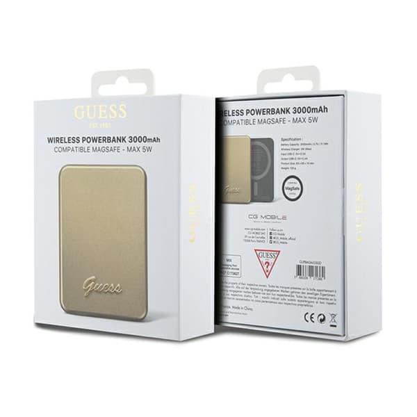 Guess Metal Script Logo MagSafe - Induktion Power Bank 3000 mAh 5W MagSafe (guld)