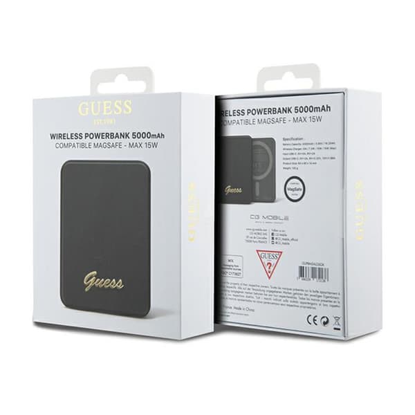 Guess Metal Script Logo MagSafe - Induktion Power Bank 5000 mAh 15W MagSafe (sort)