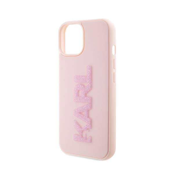 Karl Lagerfeld 3D Rubber Glitter -logo - iPhone 15 -kotelo (vaaleanpunainen)