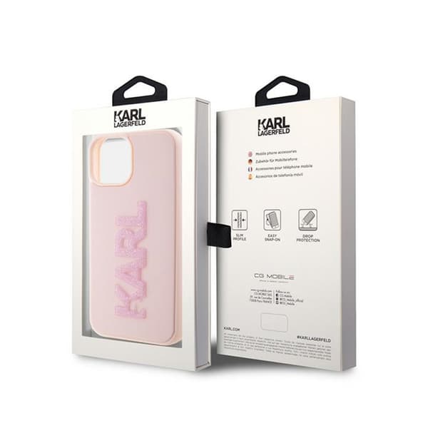 Karl Lagerfeld 3D Rubber Glitter -logo - iPhone 15 -kotelo (vaaleanpunainen)