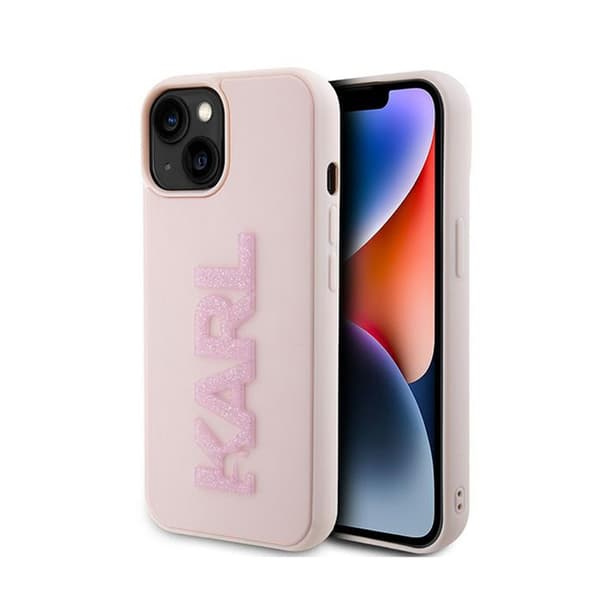 Karl Lagerfeld 3D Rubber Glitter -logo - iPhone 15 -kotelo (vaaleanpunainen)