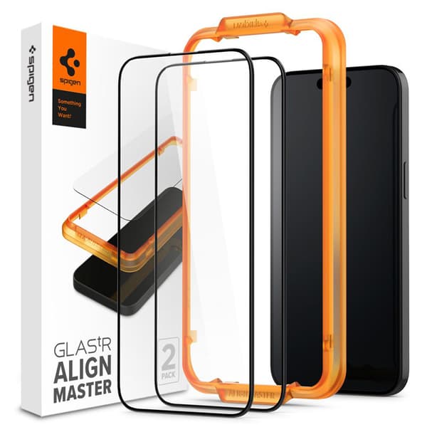 Spigen Alm Glass FC 2-Pack - Härdat glas för iPhone 15 2 st (svart ram)