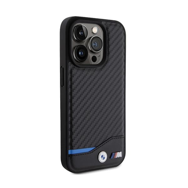 BMW Leather Carbon Blue Line - iPhone 15 Pro -kuori (musta)