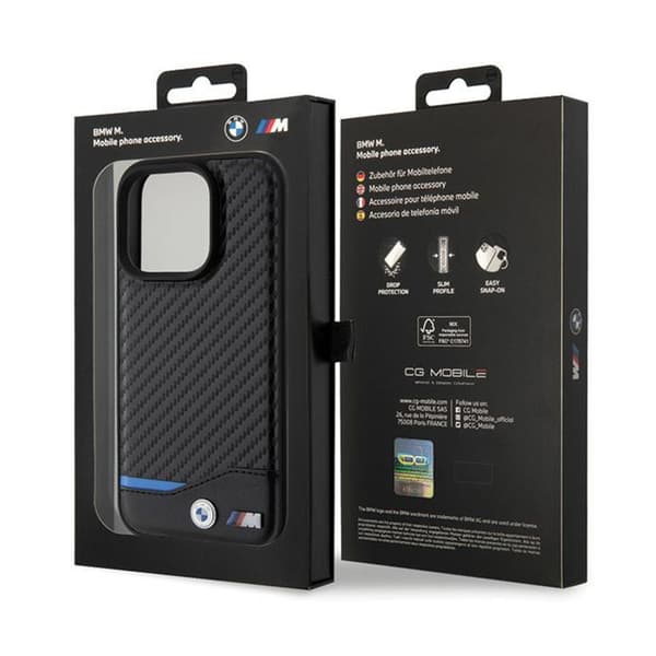BMW Leather Carbon Blue Line - iPhone 15 Pro -kuori (musta)