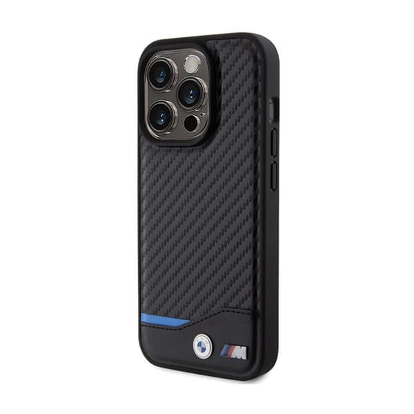 BMW Leather Carbon Blue Line - iPhone 15 Pro -kuori (musta)