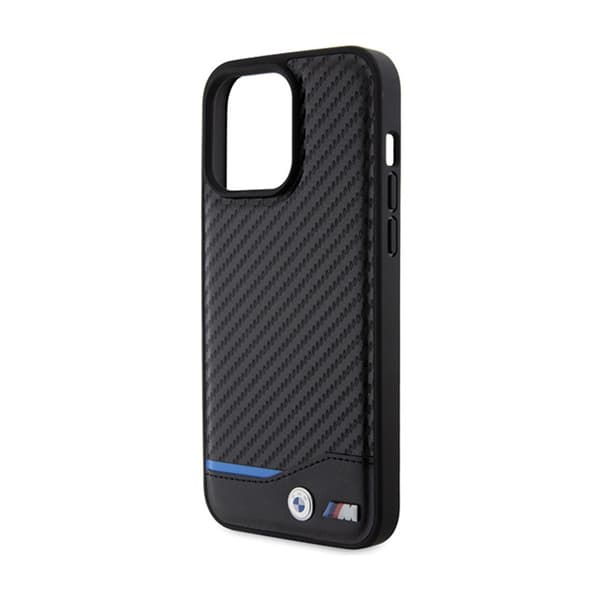 BMW Læder Carbon Blue Line - iPhone 15 Pro Max etui (sort)