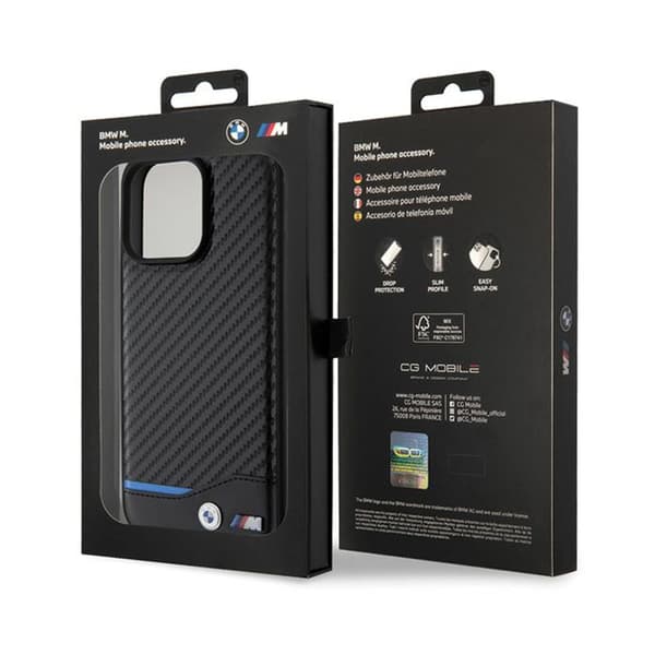 BMW Læder Carbon Blue Line - iPhone 15 Pro Max etui (sort)