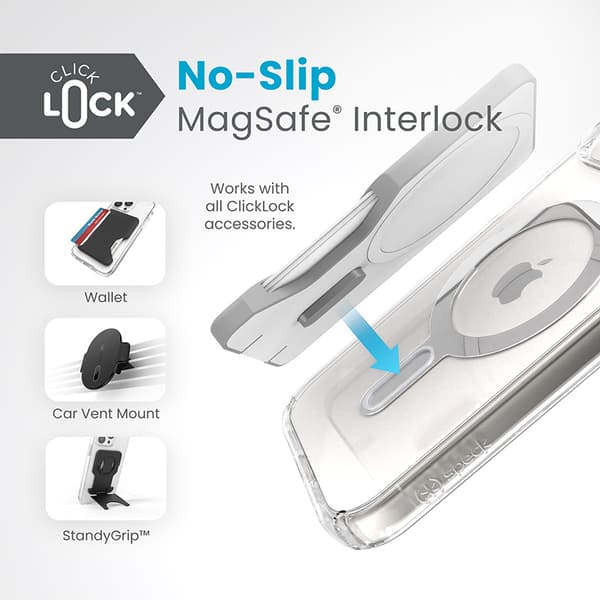 Speck Presidio Perfect-Clear ClickLock & Magsafe - iPhone 15 / iPhone 14 / iPhone 13 kotelo (kirkas / Chrome-viimeistely / Serene Silver)
