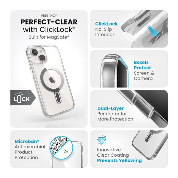Speck Presidio Perfect-Clear ClickLock & Magsafe - iPhone 15 / iPhone 14 / iPhone 13 kotelo (kirkas / Chrome-viimeistely / Serene Silver)