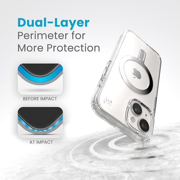 Speck Presidio Perfect-Clear ClickLock & Magsafe - iPhone 15 / iPhone 14 / iPhone 13 kotelo (kirkas / Chrome-viimeistely / Serene Silver)