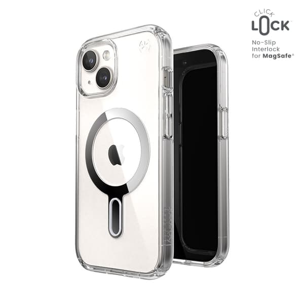 Speck Presidio Perfect-Clear ClickLock & Magsafe - iPhone 15 / iPhone 14 / iPhone 13 kotelo (kirkas / Chrome-viimeistely / Serene Silver)