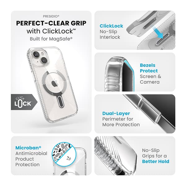 Speck Presidio Perfect-Clear Grip ClickLock & MagSafe - iPhone 15 / iPhone 14 / iPhone 13 kotelo (kirkas / Chrome-viimeistely / Serene Silver)