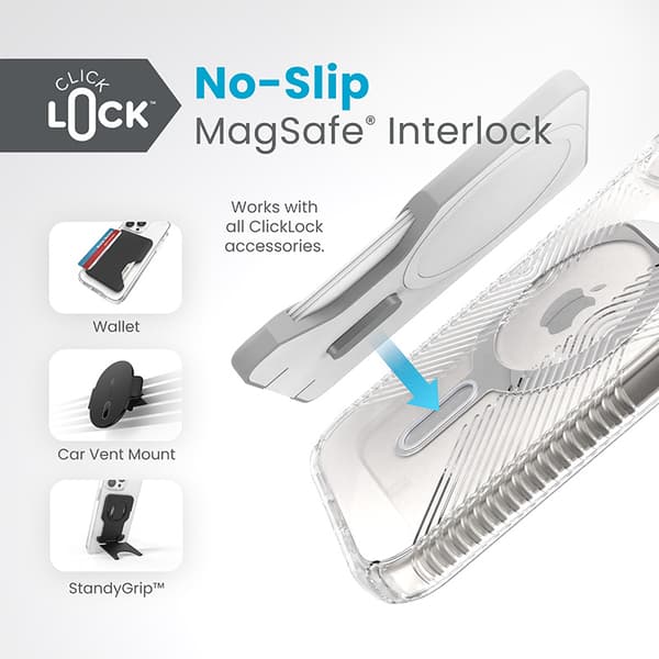 Speck Presidio Perfect-Clear Grip ClickLock & MagSafe - iPhone 15 / iPhone 14 / iPhone 13 kotelo (kirkas / Chrome-viimeistely / Serene Silver)