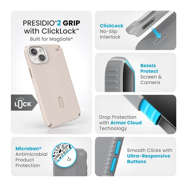 Speck Presidio2 Grip ClickLock & Magsafe - iPhone 15 Plus / iPhone 14 Plus-fodral (blekt ben / Heirloom Gold / Hassel Brown)