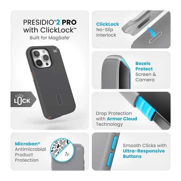 Speck Presidio2 Pro ClickLock & MagSafe - iPhone 15 Pro -kotelo (hiilenharmaa / viileä pronssi)