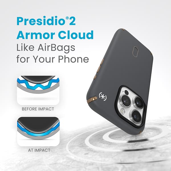 Speck Presidio2 Pro ClickLock & MagSafe - iPhone 15 Pro -kotelo (hiilenharmaa / viileä pronssi)