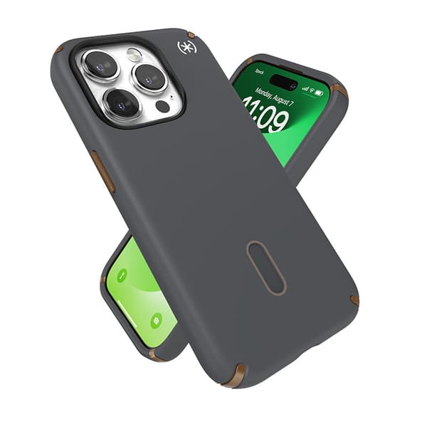 Speck Presidio2 Pro ClickLock & MagSafe - iPhone 15 Pro -kotelo (hiilenharmaa / viileä pronssi)