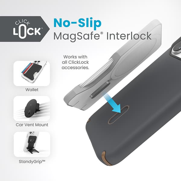 Speck Presidio2 Pro ClickLock & MagSafe - iPhone 15 Pro -kotelo (hiilenharmaa / viileä pronssi)