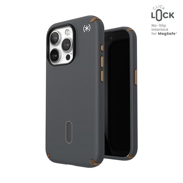 Speck Presidio2 Pro ClickLock & MagSafe - iPhone 15 Pro -kotelo (hiilenharmaa / viileä pronssi)