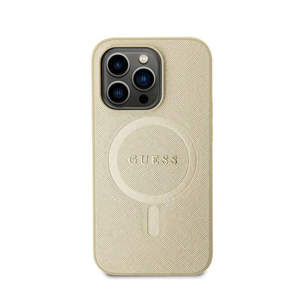 Guess Saffiano MagSafe - iPhone 15 Plus-fodral (guld)