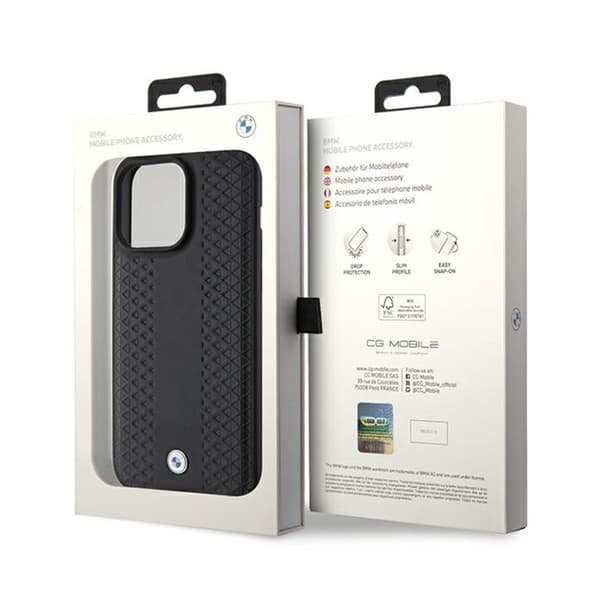 BMW læder diamantmønster - iPhone 15 Pro etui (sort)