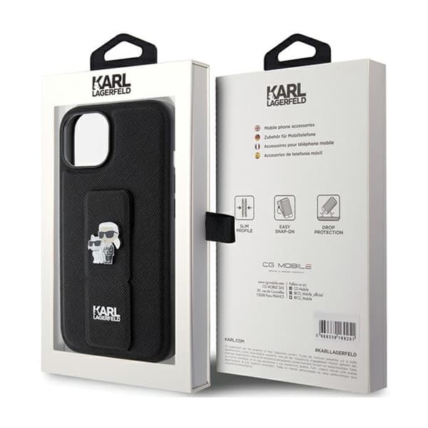 Karl Lagerfeld Kädensija Saffiano Karl & Choupette Pins - iPhone 15 -kotelo (musta)