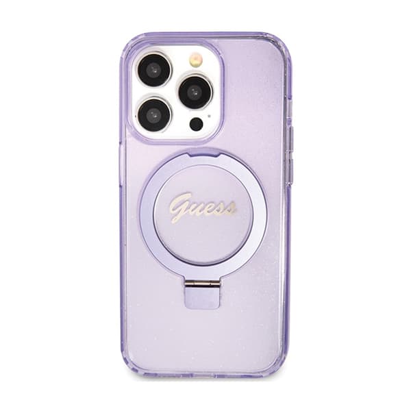 Guess Ring Stand Script Glitter MagSafe - iPhone 15 Pro etui (lilla)