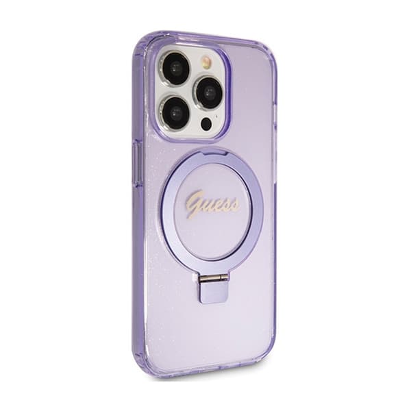 Guess Ring Stand Script Glitter MagSafe - iPhone 15 Pro etui (lilla)