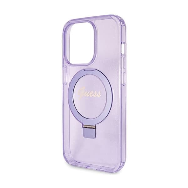 Guess Ring Stand Script Glitter MagSafe - iPhone 15 Pro etui (lilla)