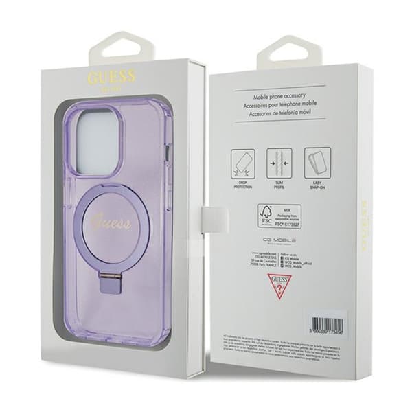 Guess Ring Stand Script Glitter MagSafe - iPhone 15 Pro etui (lilla)