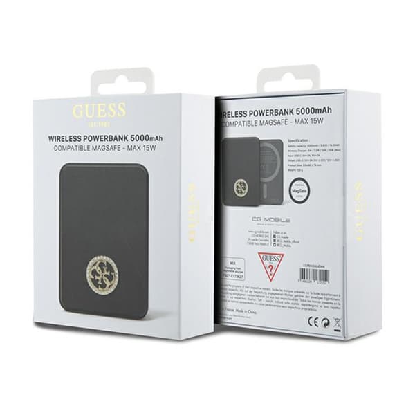 Guess 4G Strassed Metal Logo MagSafe - Induktion Power Bank 5000 mAh 15W MagSafe (sort)