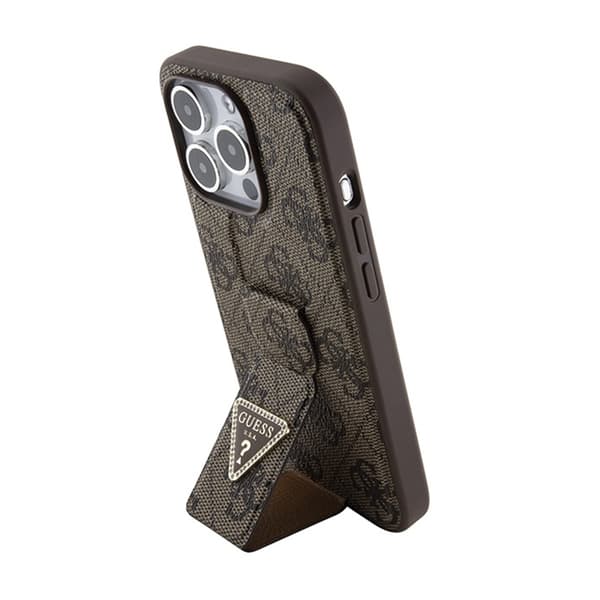 Guess Grip Stand 4G Triangle Strass -logo - iPhone 15 Pro -kotelo (ruskea)