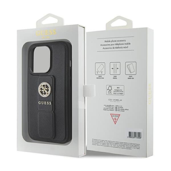 Guess Grip Stand 4G Saffiano Strass -logo - iPhone 15 Pro -kotelo (musta)