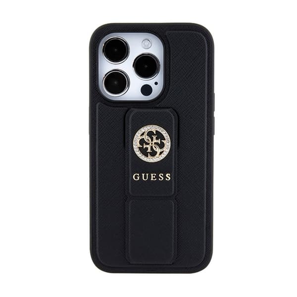 Guess Grip Stand 4G Saffiano Strass -logo - iPhone 15 Pro Max -kotelo (musta)