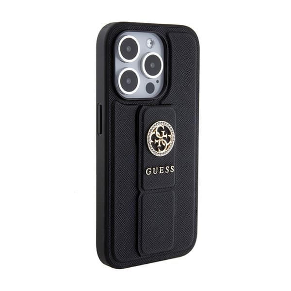 Guess Grip Stand 4G Saffiano Strass -logo - iPhone 15 Pro Max -kotelo (musta)