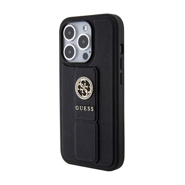 Guess Grip Stand 4G Saffiano Strass -logo - iPhone 15 Pro Max -kotelo (musta)