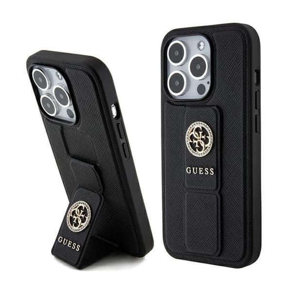 Guess Grip Stand 4G Saffiano Strass -logo - iPhone 15 Pro Max -kotelo (musta)